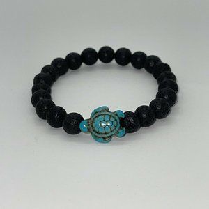 Sea Turtle Stretch Bracelet Lava Stone Black Blue